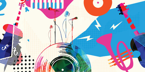 Colorful Abstract Music Instruments Background, Modern Jazz Art Style Vector