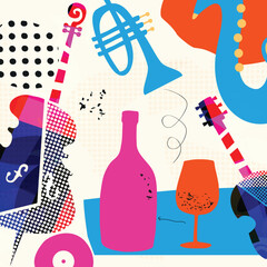 Colorful Abstract Music Instruments Background, Modern Jazz Art Style Vector