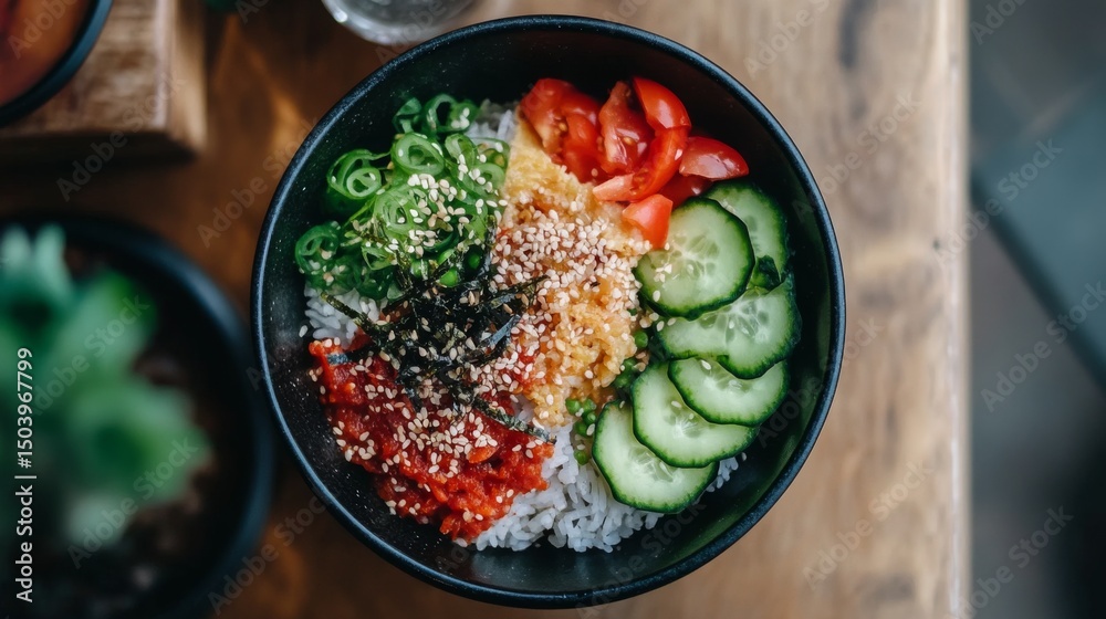 Poster A beautiful overhead view of a bowl of fried rice with various toppings, including sliced cucumber and tomatoes, creating a colorful and inviting composition.