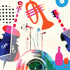 Colorful Abstract Music Instruments Background, Modern Jazz Art Style Vector