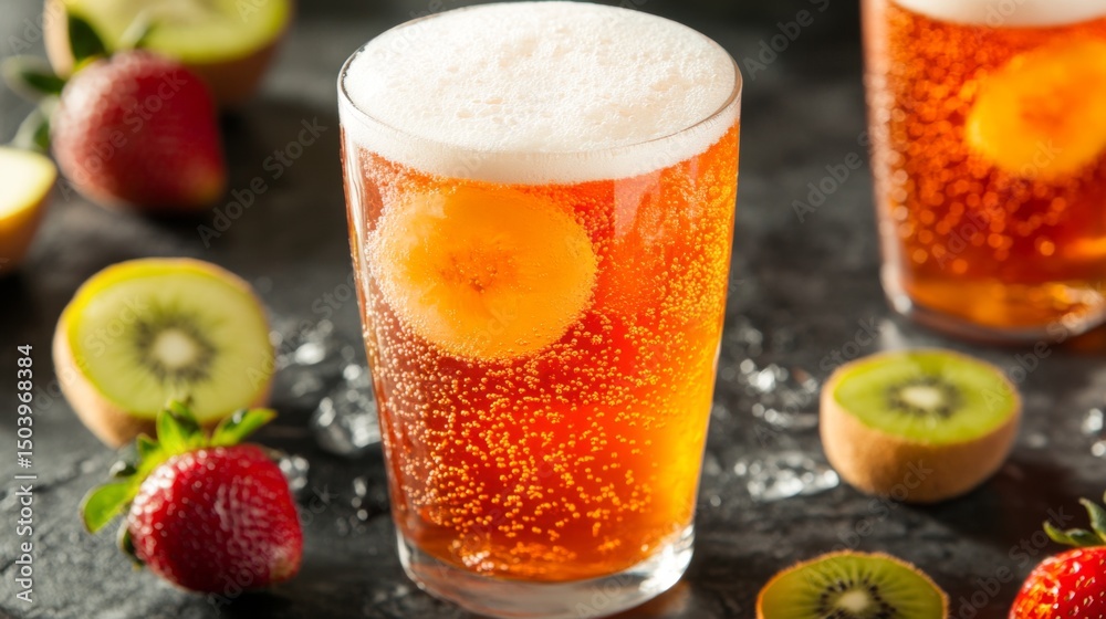 Poster a chilled glass of soda with a perfect head of foam, surrounded by fresh fruit slices, creating a re