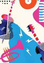 Colorful Abstract Music Instruments Background, Modern Jazz Art Style Vector