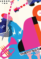 Colorful Abstract Music Instruments Background, Modern Jazz Art Style Vector