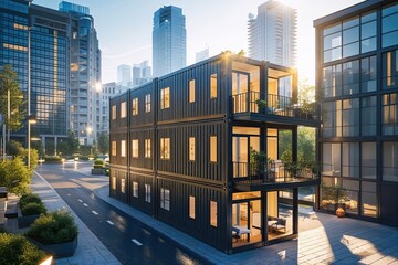 Fototapeta premium Dynamic Modular Construction Showcased in Vibrant Urban Landscape Under Midday Sun