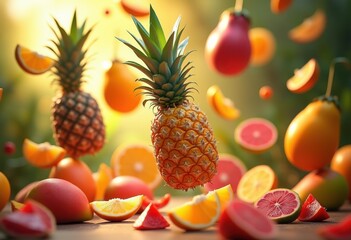 colorful fruits suspended mid air vibrant arrangement tropical freshness visual delight, berry, plum, peach, melon, tangerine, apple, grapefruit, orange