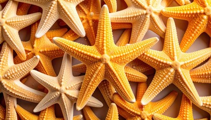 A pile of beautiful orange starfish are seen together in an overhead shot.