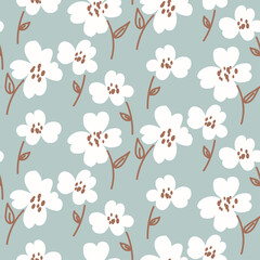 Seamless pattern with cute daisy flowers. White floral field modern minimalist print. Abstract floral motif. Hand drawn flowers in naive style. Abstract buds pastel blue color