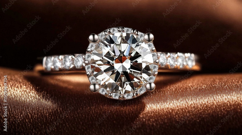 Poster a close-up of a stunning diamond ring set on a soft velvet surface, showcasing its brilliance and in