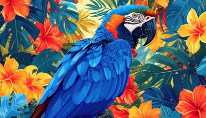 Obraz premium Vibrant blue parrot sits amongst colorful hibiscus flowers in a jungle scene.