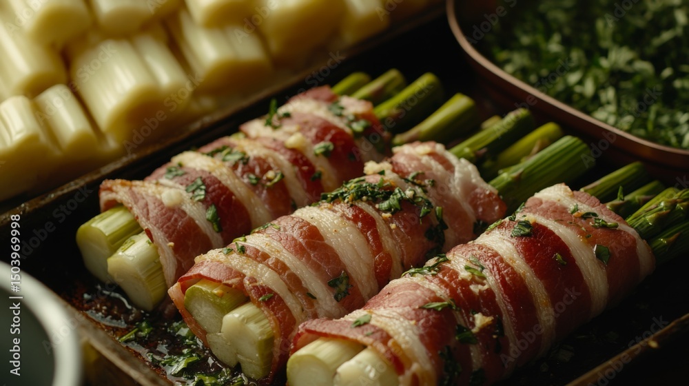 Poster a close-up of bacon being wrapped around asparagus spears, set on a baking sheet ready for roasting,