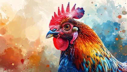 Fototapeta premium A colorful rooster with vibrant feathers stands out against a painterly backdrop.