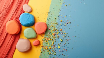 Flat lay of colorful macarons on a blue and yellow background. there are six macaroons in total, arranged in a scattered manner on the left side of the image.
