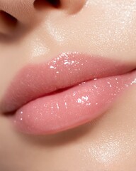 Makeup campaign for cosmetic branding and product launches Close-up of glossy, soft lips with a natural pink hue, exuding beauty and elegance in a minimalist style.