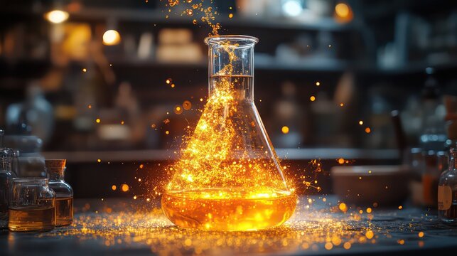Acid-base reaction in flask with swirling colors and rising gas bubbles, dynamic and vivid.

