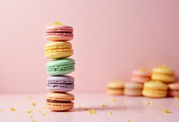 Fototapeta premium colorful macaron tower delicately stacked soft pastel backdrop sweet treats dessert display, cake, sweets, bakery, food, confectionery, presentation