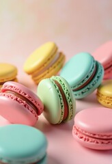 Obraz premium colorful macarons arrangement textured background sweet pastry treat delicacies vibrant dessert collection gourmet confectionery, chef, sugar, delicate