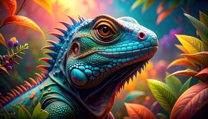 Obraz premium A brightly colored iguana looks to the right surrounded by jungle plants.