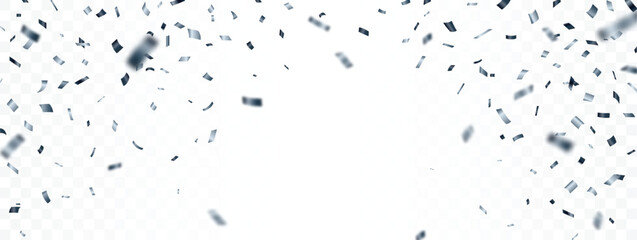 Falling Silver confetti and ribbon, isolated on transparent background