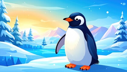 Obraz premium A penguin stands in a snowy arctic landscape with mountains and trees.
