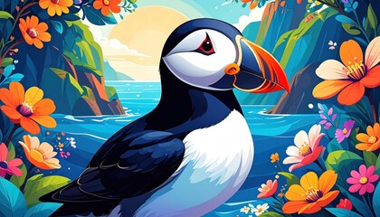 Fototapeta premium An atlantic puffin bird stands majestically amidst flowers and blue water.
