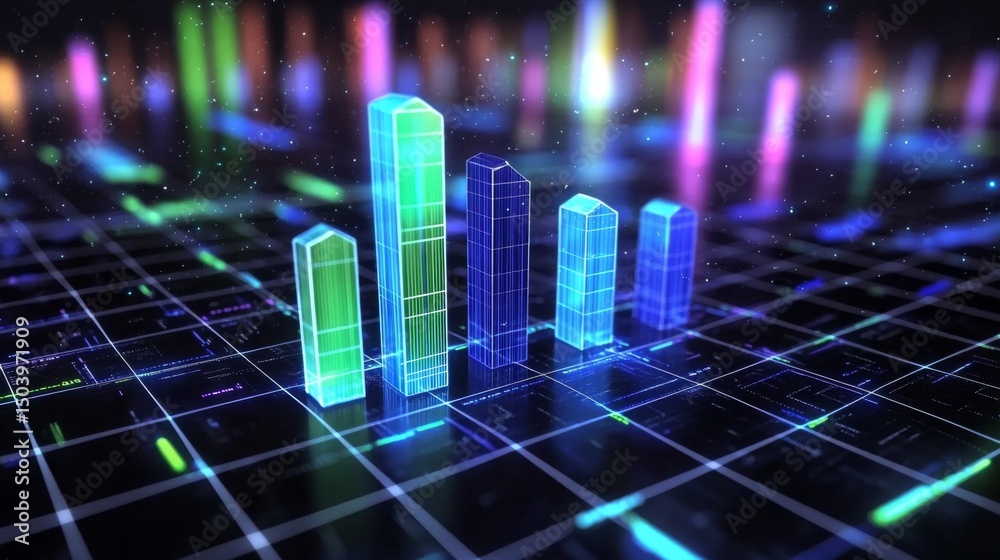 Aufkleber a detailed d financial bar graph with rising bars in blue and green tones, set against a modern digi