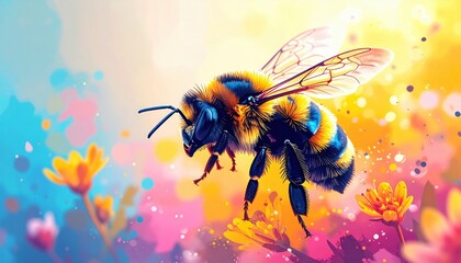 Fototapeta premium A fuzzy bumble bee flies among colorful flowers in bright sunny meadow.
