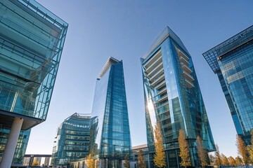Naklejka premium Contemporary Glass Buildings and Modern Architecture Against a Blue Sky