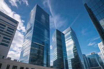 Sleek Office Skyscrapers with Shiny Glass Beneath a Bright Blue Sky