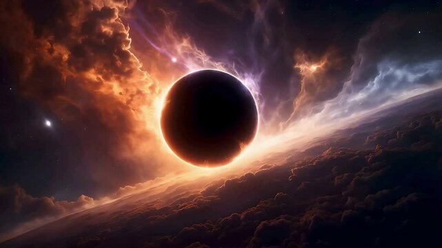 Amazing solar eclipse background wallpaper with orange glow and dark clouds in space view . Solar eclipse over a fictional world. Glowing planet in deep space. Dramatic eclipse above the clouds