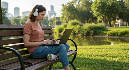 Fototapeta premium Young woman uses laptop outdoors sitting on park bench near lake during daytime