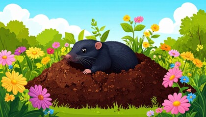 A cute cartoon mole peeks out from its burrow in a colorful flower garden.
