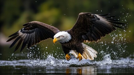 Fototapeta premium Majestic bald eagle swooping down to catch a fish from a river with outstretched talons and powerful wings in a dramatic wildlife hunting scene in the wild