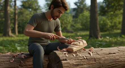 Man carves wood outdoors on log with tool during daytime activity