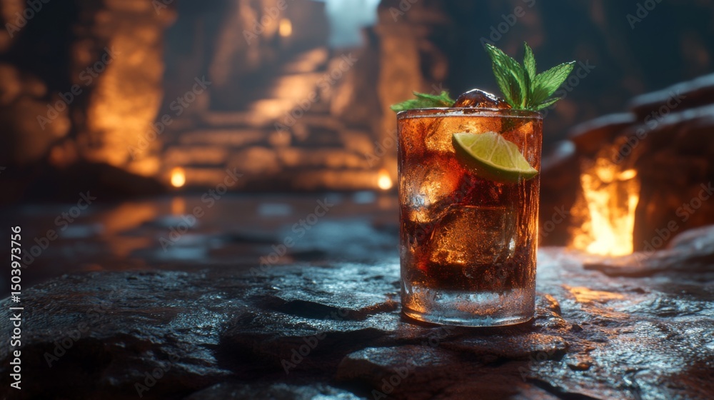 Poster a highball glass filled with soda, garnished with fresh mint leaves and lime slices, resting on a te