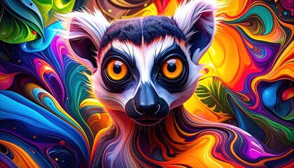 Fototapeta premium A lemur's face is presented with vibrant colors in an abstract art design.