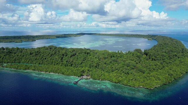 Kakaban, Indonesia: Aerial drone footage of the Kakaban island in the Derawan archipelago close to Maratua in Indonesia side of the Borneo island, Kalimantan. 