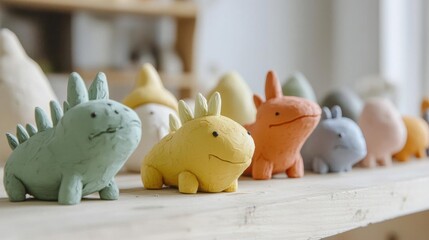 Row of small figurines of dinosaurs on a white wooden shelf. the figurines are made of clay and are in different colors - green, yellow, orange, pink, grey, and white.