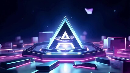 Neon triangle logo reveal animation background with blue and purple glowing light effects. Futuristic triangle glowing in neon light. Digital tech shape with cyber theme