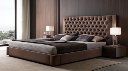 A luxurious king-size bed with a tufted headboard, covered in rich, dark linens, and framed by modern bedside lamps in a sophisticated bedroom.