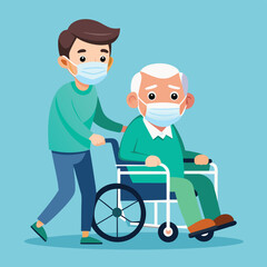Medical worker assists an elderly man in a wheelchair wearing face masks for health and safety.