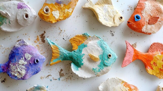 Group of colorful fish made from paper mache. there are nine fish in total, arranged in a scattered manner on a white surface.