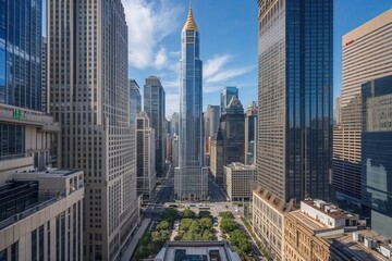 Fototapeta premium Stunning Street-Level Perspective of Tall Skyscrapers in Vibrant Financial District
