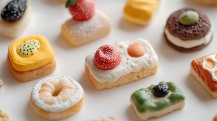 Collection of small, colorful donuts arranged on a white surface. there are nine donuts in total, each with a unique design and color.