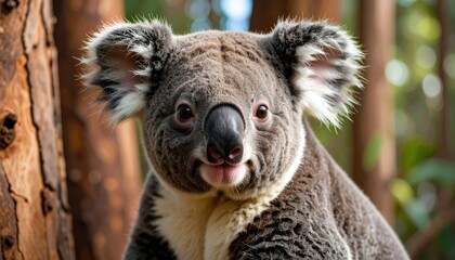 A cute koala sits near a tree trunk looking directly at the camera lens.