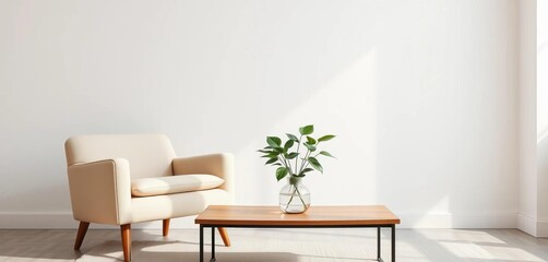Light beige armchair, coffee table, green plant in vase against a white wall,  modern,   natural
