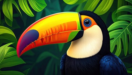 A colorful toucan perches amid lush green tropical foliage in the jungle.