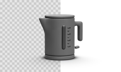 Electric Kettle With Handle and Water Level Gauge in Minimal Gray Design. Modern Kitchen Appliance Rendered in Simple 3D Style for Cooking or Home Appliance Concepts. Vector Illustration.