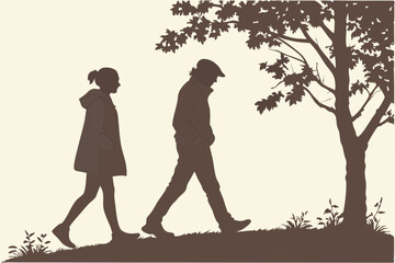 Silhouette of man and woman walking under a tree graphic