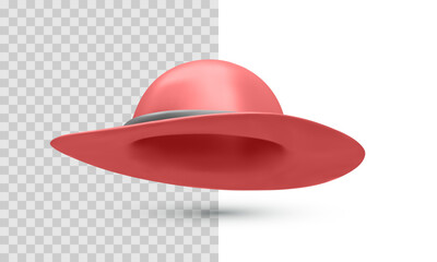 Wide Brim Summer Hat in Coral Color With Gray Ribbon, Perfect for Vacation, Travel, Beach, or Fashion Concepts. Stylish Accessory for Holiday Designs. Vector Illustration.