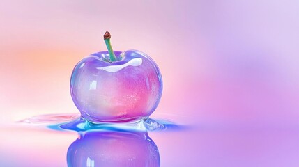 Close-up of a single apple with a small stem. the apple is in the center of the image, with its reflection visible on the surface below.